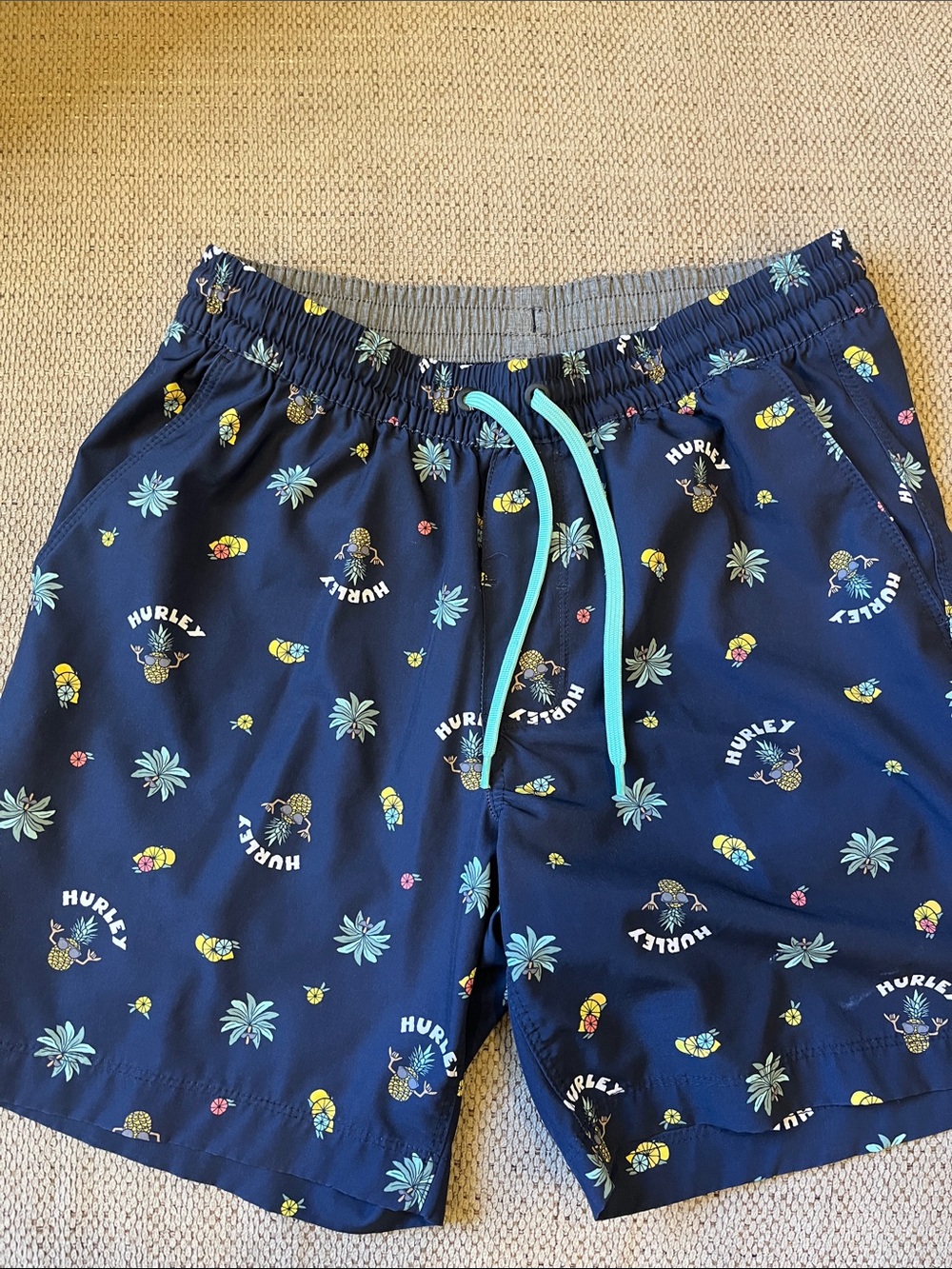 Hurley Navy Pineapple & Palm Swim Shorts with Teal Drawstring
